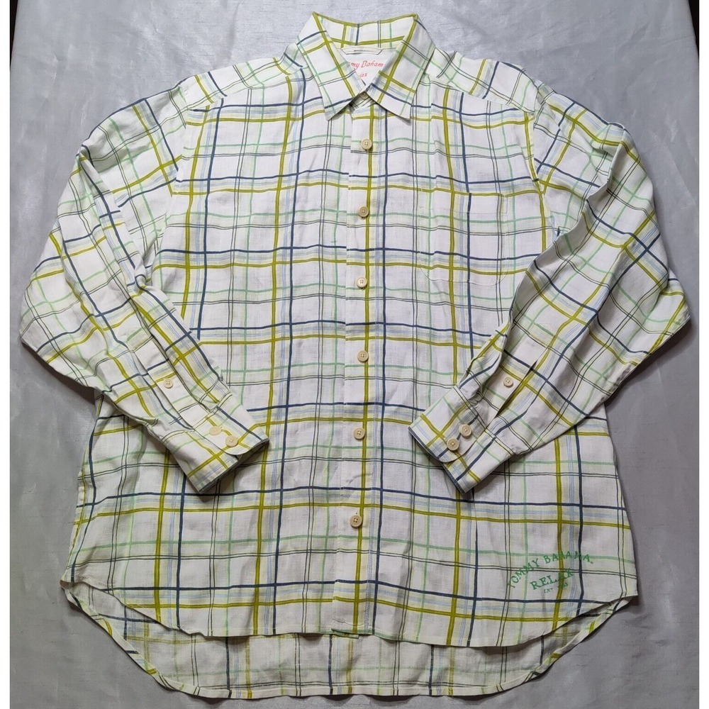 TOMMY BAHAMA RELAX LINEN Men Medium Green Plaid Long Sleeve Button Shirt EUC